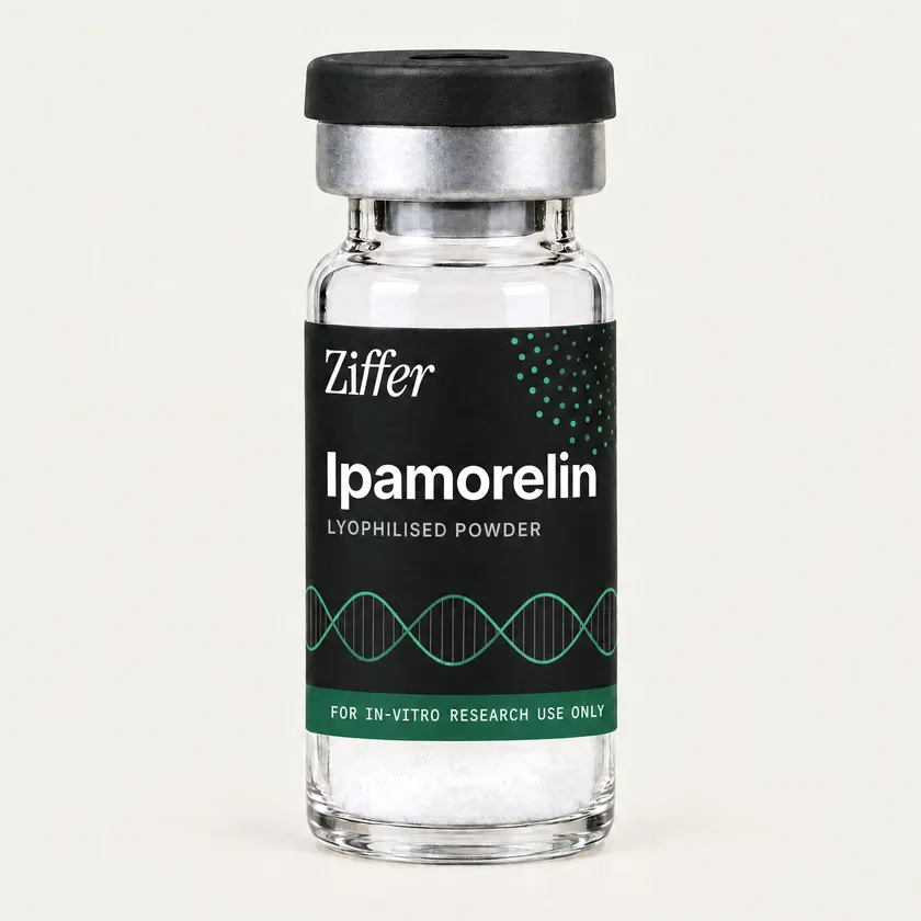 Ipamorelin in a clear Ziffer glass vial with a black cap and a black label carrying a drawn green helix and a green band, holding white lyophilised powder.